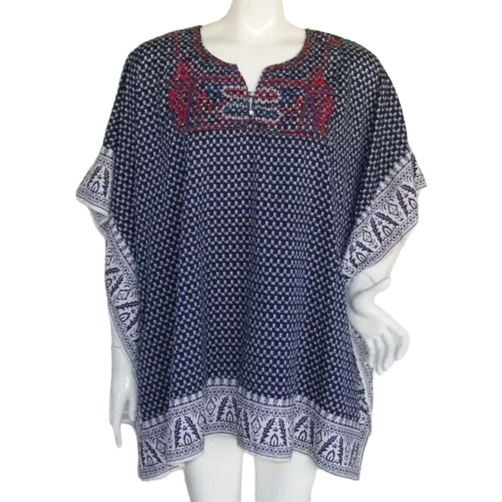 Vintage Swim Cover, L/XL, Caftan style, Beaded, Blue/White, Embellished